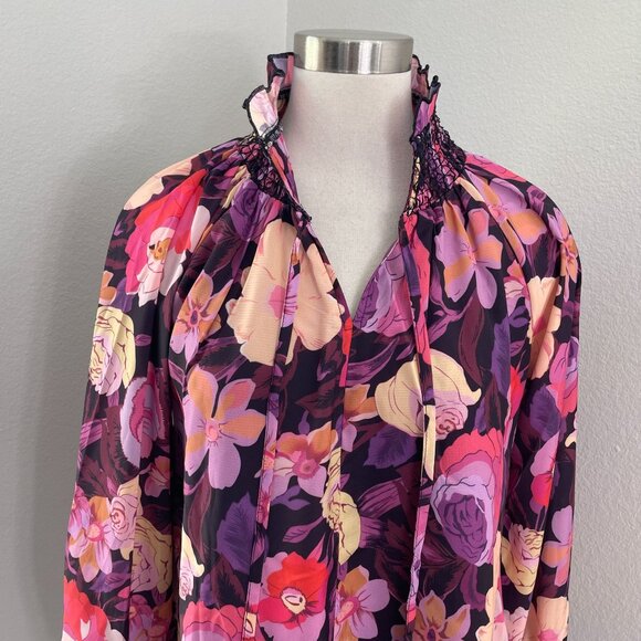 NEW Jodifl Womens Small Floral High Smocked Neck Long Sleeve Blouse Shirt - Picture 3 of 13